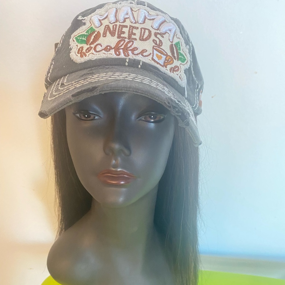 Distressed Gray Cap with Coffee Embroidery